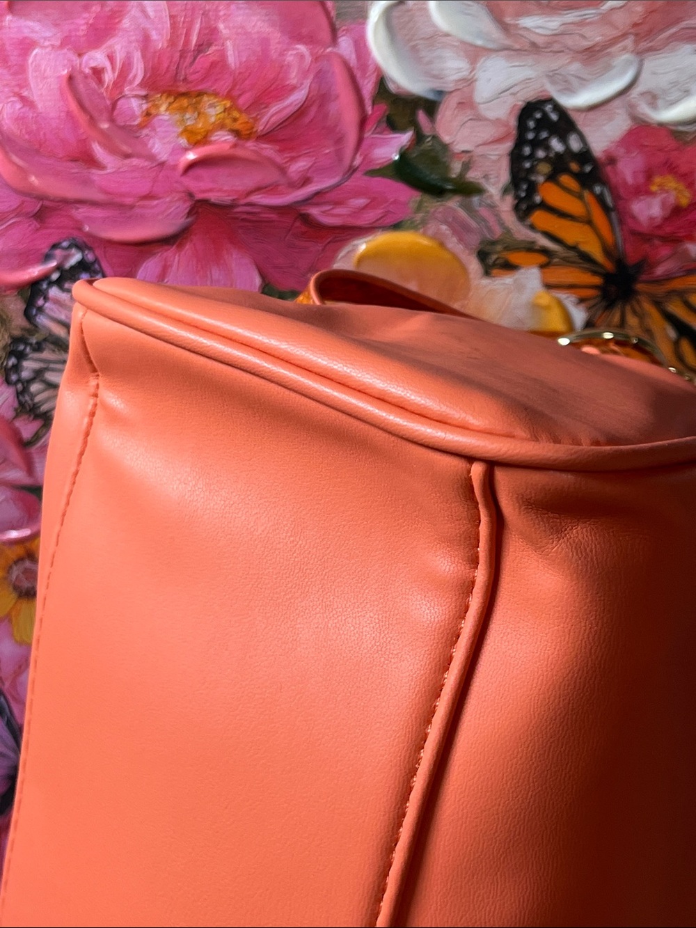 Badgley Mischka Coral-Orange Vegan Leather Shoulder /Crossbody w snake skin trim - Picture 4 of 16